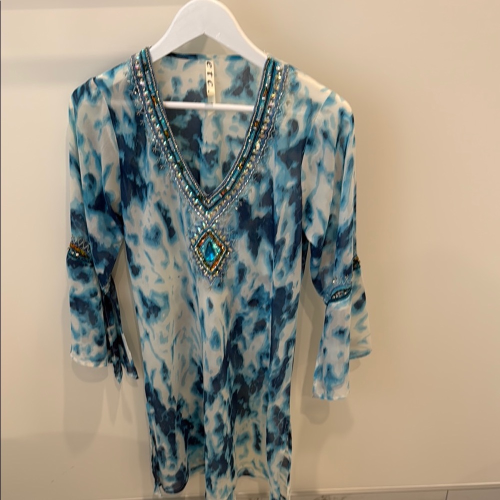 Beach coverup :Blue Embellished 3/4 Sleeve Tunic